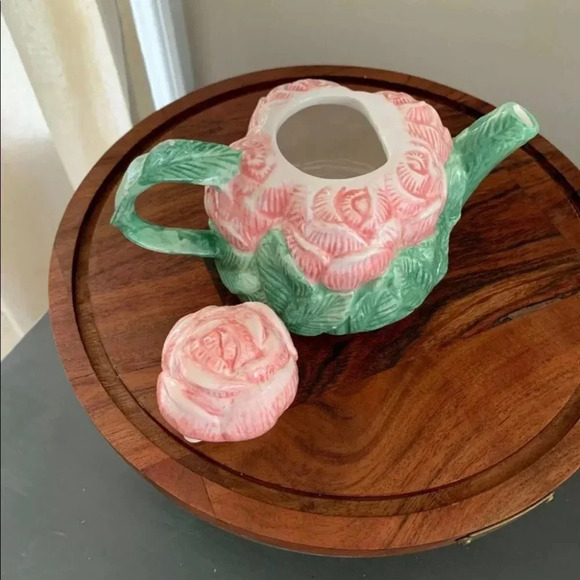 Peggy Jo Ackley Vintage Rose Teapot Pink Green Floral Ceramic Cottage core EUC - Picture 2 of 7